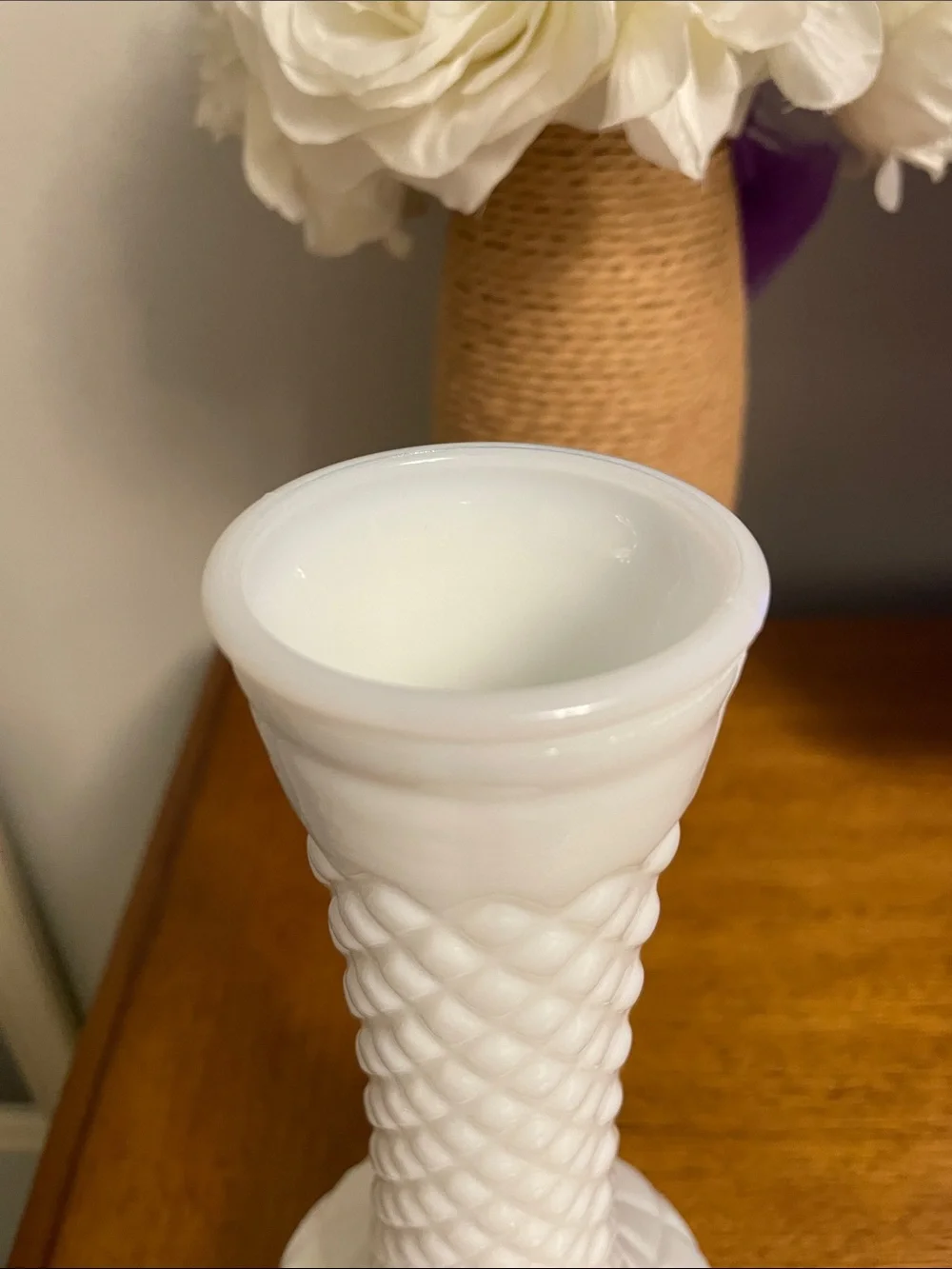 Vintage White Milk Glass Bud or Flower Vase Classic Diamond Quilted Pattern 9”H